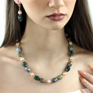 Set "Deep Into The Woods" din agat indian, perle naturale si elemente placate cu aur 18k