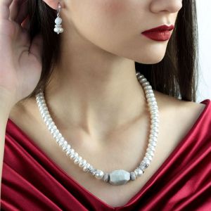 Set "Mineral Gray" din perle de Mallorca, acvamarin si rhinestone