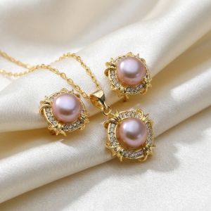 Set "Violet Bloom" placat cu aur din perle naturale si cristale