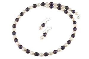 Set perle naturale ovale alb-negru si argint
