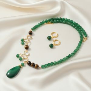 Set asimetric din agat verde si ochi de tigru