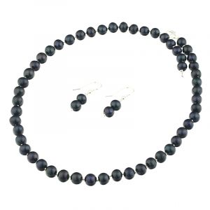 Set clasic din perle naturale negre 8 - 9 mm si argint