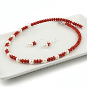Set coral rosu, perle de cultura si argint
