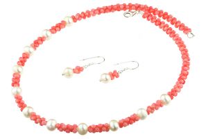 Set coral roz, perle de cultura si argint