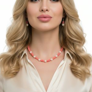 Set coral roz, perle de cultura si argint