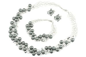 Set crosetat din perle de Mallorca gri, cristale Preciosa si argint