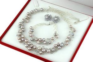 Set crosetat din perle de cultura lila, cristale Swarovski si argint