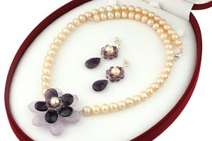 Set floare ametist si perle naturale piersica