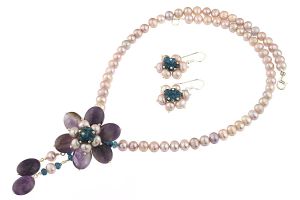 Set floare ametist, perle naturale lila si argint