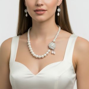 Set perle albe de Mallorca, Swarovski Crystal AB si argint
