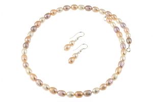 Set perle naturale ovale trei culori si argint
