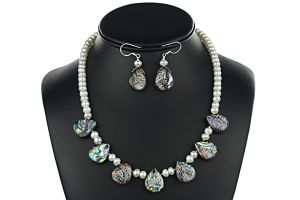 Set perle de cultura buton, sidef paua si argint