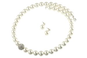 Set perle de Mallorca albe, rhinestone si argint