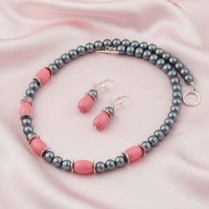 Set perle de Mallorca gri si jad roz