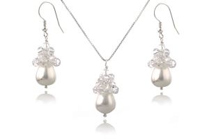 Set perle Mallorca lacrima, Swarovski Clear si argint