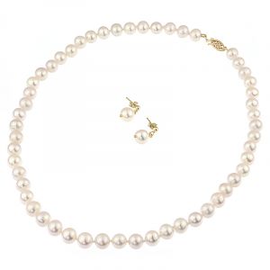 Set perle naturale albe 7 - 9 mm AA si aur 14K