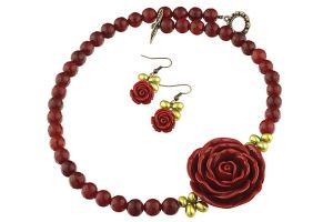 Set trandafiri coral, perle oliv si jad visiniu fatetat