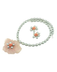 Set floare cuart roz, coral si perle de cultura