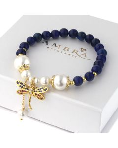 Bratara "Sunset Dragonfly" din perle de Mallorca, lapis lazuli si elemente placate cu aur 18k