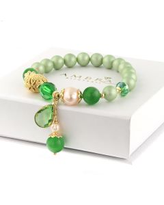 Bratara "Green Delight" din perle de Mallorca, perle naturale si ochi de pisica