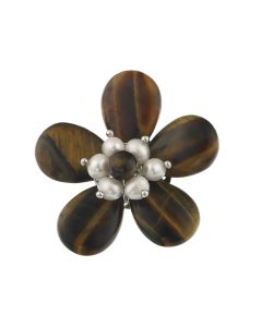 Brosa floare din ochi de tigru si perle naturale