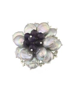 Brosa floare din perle naturale Biwa argintii si ametist