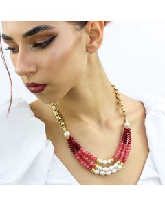 Colier multisir din perle naturale, jad si elemente placate cu aur 18k