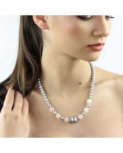 Colier din cuart roz, perle si elemente placate cu aur 18k