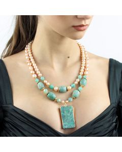 Set doua coliere din amazonit, perle naturale si elemente placate cu aur 18k