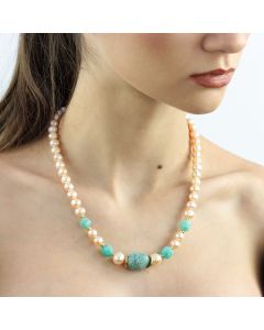 Colier din amazonit, perle naturale si elemente placate cu aur 18k