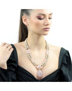 Colier "Vintage Rose" din perle de Mallorca si cuart roz