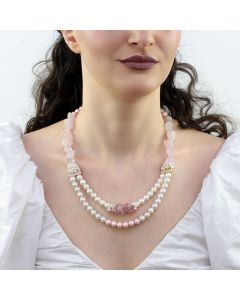 Colier "Pink Desire" din perle de Mallorca si cuart