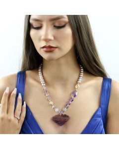 Colier "Frozen Butterfly" din fluorina, ametist si perle naturale