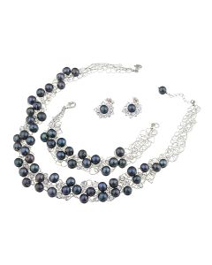 Set crosetat din perle naturale negre, cristale Preciosa si argint
