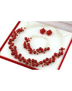 Set crosetat din perle de Mallorca rosii, cristale Preciosa si argint