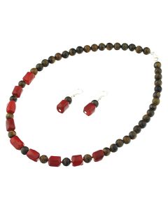 Set din coral rosu, ochi de tigru si argint