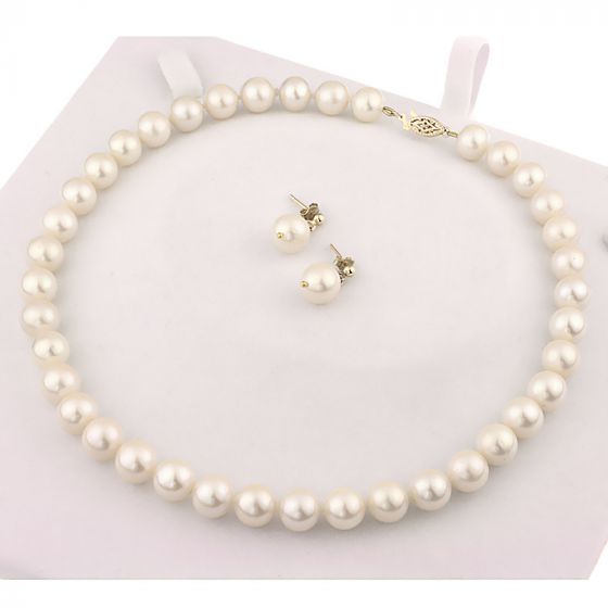 Set colier si din perle naturale albe 10 - 11 mm AA si aur 14K | Magazin online