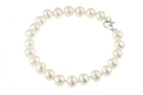 Bratara perle naturale rotunde, albe, 6 - 8 mm A si argint