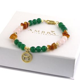 Bratara `Taur` din chihlimbar, cuart roz si agat verde