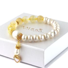 Bratara "Heaven's Lock" din perle naturale, citrin si elemente placate cu aur 18k