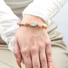 Bratara "Silk and sparkle" din piatra lunii, perle naturale si elemente placate cu aur 18k