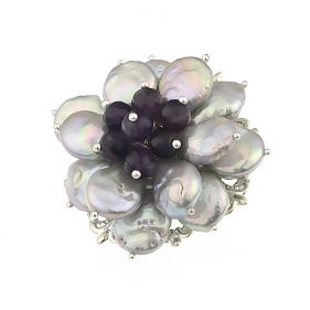 Brosa floare din perle naturale Biwa argintii si ametist
