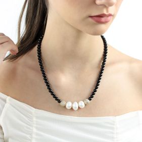 Colier elegant din agat, perle naturale si rhinestone