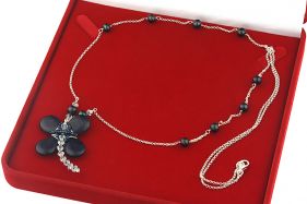 Colier lung din argint, perle naturale, Bluestone si cristale Swarovski