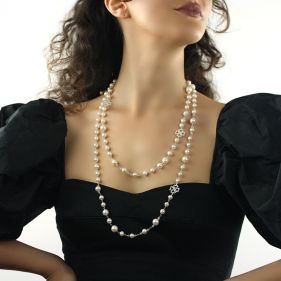 Colier versatil `Coco` din perle albe, cristale Swarovski si argint