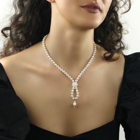Colier din perle de Mallorca albe, cristale Swarovski si argint