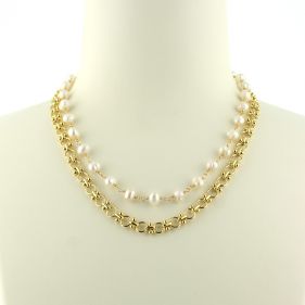 Colier din perle naturale albe si lant placat cu aur 18k