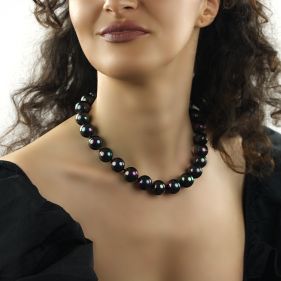 Colier clasic din perle de Mallorca negre rotunde si argint