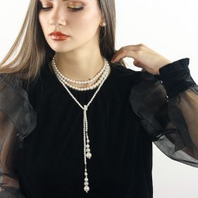 Colier lariat din perle de Mallorca albe, rhinestone si cristale Preciosa