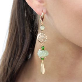Cercei "Boho" din prehnit, jad si elemente placate cu aur 18k